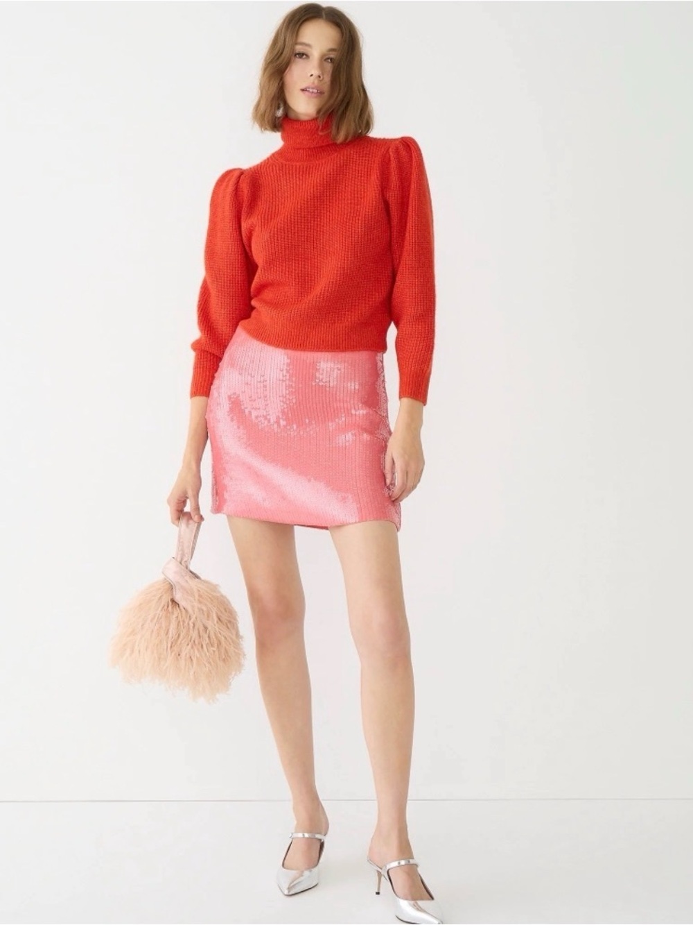 J. Crew Red Cropped Puff-Sleeve Turtleneck Sweater Persimmon Poppy Womens XSmall